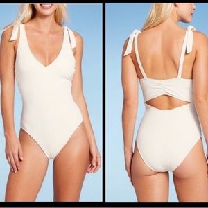 SHADE & SHORE women’s plunge front shoulder-tie ribbed one piece swimsuit